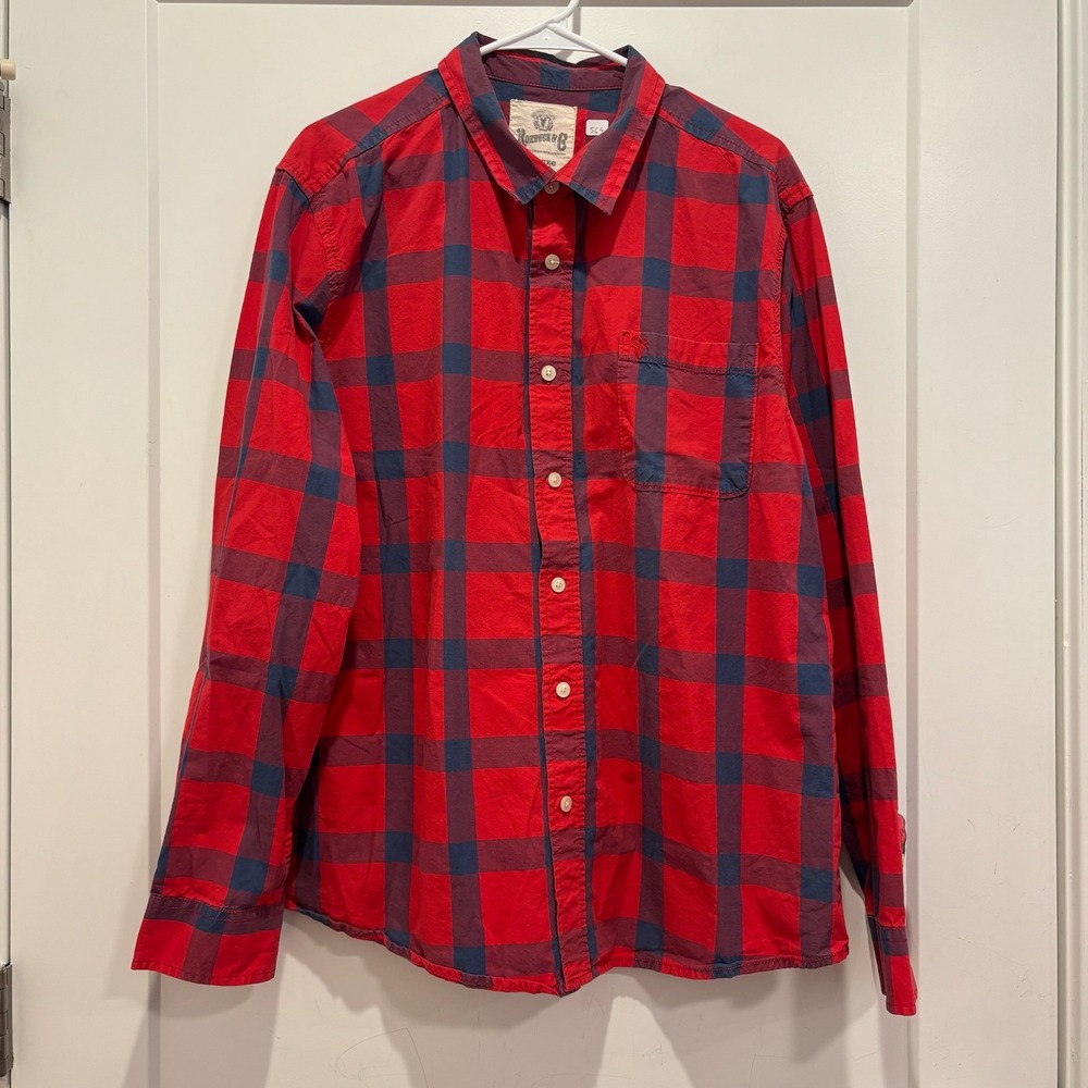 Roebuck‎ & Co Mens XXL Red Navy Blue Buffalo Plaid Button Down Shirt Long Sleeve
